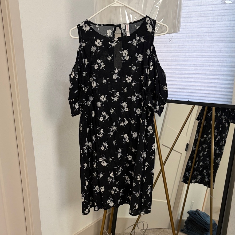 Xhilaration Black Dress with White Floral Design